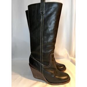 FRYE DK BROWN LEATHER WEDGE CAROLINE CAMPUS BOOTS WOMENS 9.5M